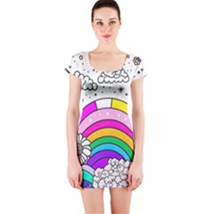 Rainbow Fun Cute Minimal Doodle Drawing 3 Short Sleeve Bodycon Dress