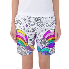 Rainbow Fun Cute Minimal Doodle Drawing 3 Women s Basketball Shorts