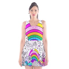 Rainbow Fun Cute Minimal Doodle Drawing 3 Scoop Neck Skater Dress by Jancukart