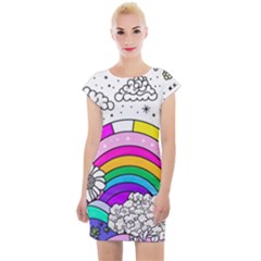 Rainbow Fun Cute Minimal Doodle Drawing 3 Cap Sleeve Bodycon Dress