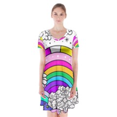 Rainbow Fun Cute Minimal Doodle Drawing 3 Short Sleeve V-neck Flare Dress by Jancukart