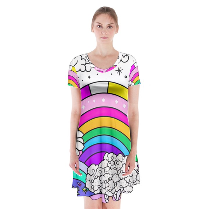 Rainbow Fun Cute Minimal Doodle Drawing 3 Short Sleeve V-neck Flare Dress