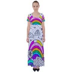 Rainbow Fun Cute Minimal Doodle Drawing 3 High Waist Short Sleeve Maxi Dress by Jancukart