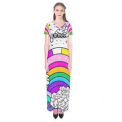 Rainbow Fun Cute Minimal Doodle Drawing 3 Short Sleeve Maxi Dress by Jancukart