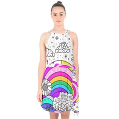 Rainbow Fun Cute Minimal Doodle Drawing 3 Halter Collar Waist Tie Chiffon Dress