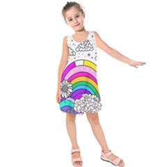 Rainbow Fun Cute Minimal Doodle Drawing 3 Kids  Sleeveless Dress by Jancukart