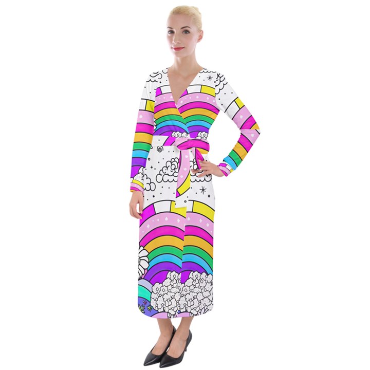 Rainbow Fun Cute Minimal Doodle Drawing 3 Velvet Maxi Wrap Dress