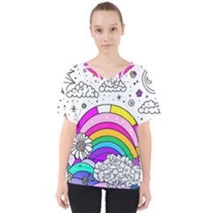 Rainbow Fun Cute Minimal Doodle Drawing 3 V-neck Dolman Drape Top