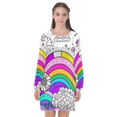 Rainbow Fun Cute Minimal Doodle Drawing 3 Long Sleeve Chiffon Shift Dress 