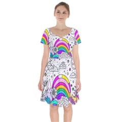 Rainbow Fun Cute Minimal Doodle Drawing 3 Short Sleeve Bardot Dress by Jancukart