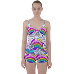 Rainbow Fun Cute Minimal Doodle Drawing 3 Tie Front Two Piece Tankini