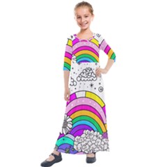 Rainbow Fun Cute Minimal Doodle Drawing 3 Kids  Quarter Sleeve Maxi Dress