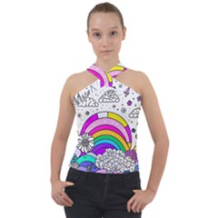 Rainbow Fun Cute Minimal Doodle Drawing 3 Cross Neck Velour Top