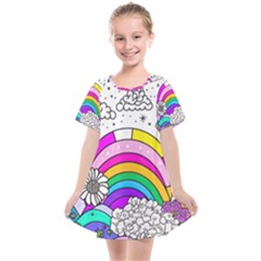 Rainbow Fun Cute Minimal Doodle Drawing 3 Kids  Smock Dress by Jancukart