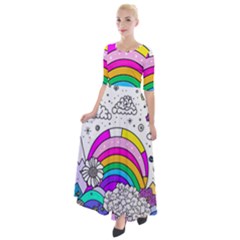 Rainbow Fun Cute Minimal Doodle Drawing 3 Half Sleeves Maxi Dress