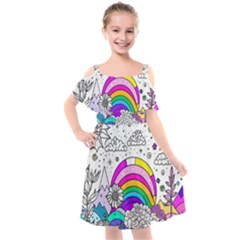 Rainbow Fun Cute Minimal Doodle Drawing 3 Kids  Cut Out Shoulders Chiffon Dress