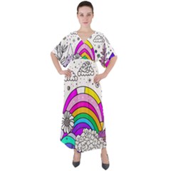 Rainbow Fun Cute Minimal Doodle Drawing 3 V-neck Boho Style Maxi Dress by Jancukart