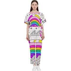 Rainbow Fun Cute Minimal Doodle Drawing 3 Batwing Lightweight Chiffon Jumpsuit by Jancukart