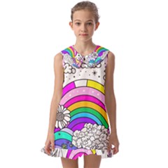 Rainbow Fun Cute Minimal Doodle Drawing 3 Kids  Pilgrim Collar Ruffle Hem Dress