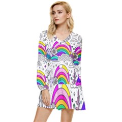 Rainbow Fun Cute Minimal Doodle Drawing 3 Tiered Long Sleeve Mini Dress