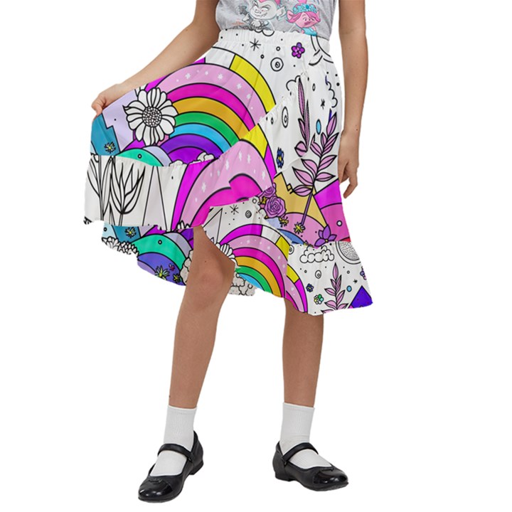 Rainbow Fun Cute Minimal Doodle Drawing 3 Kids  Ruffle Flared Wrap Midi Skirt