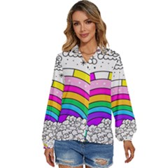 Rainbow Fun Cute Minimal Doodle Drawing 3 Women s Long Sleeve Button Down Shirt