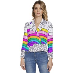 Rainbow Fun Cute Minimal Doodle Drawing 3 Women s Long Sleeve Revers Collar Cropped Jacket