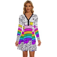 Rainbow Fun Cute Minimal Doodle Drawing 3 Long Sleeve Deep V Mini Dress 