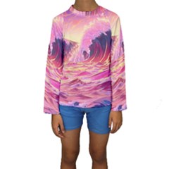 Waves Ocean Sea Tsunami Nautical 5 Kids  Long Sleeve Swimwear