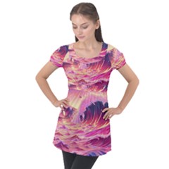 Waves Ocean Sea Tsunami Nautical 5 Puff Sleeve Tunic Top