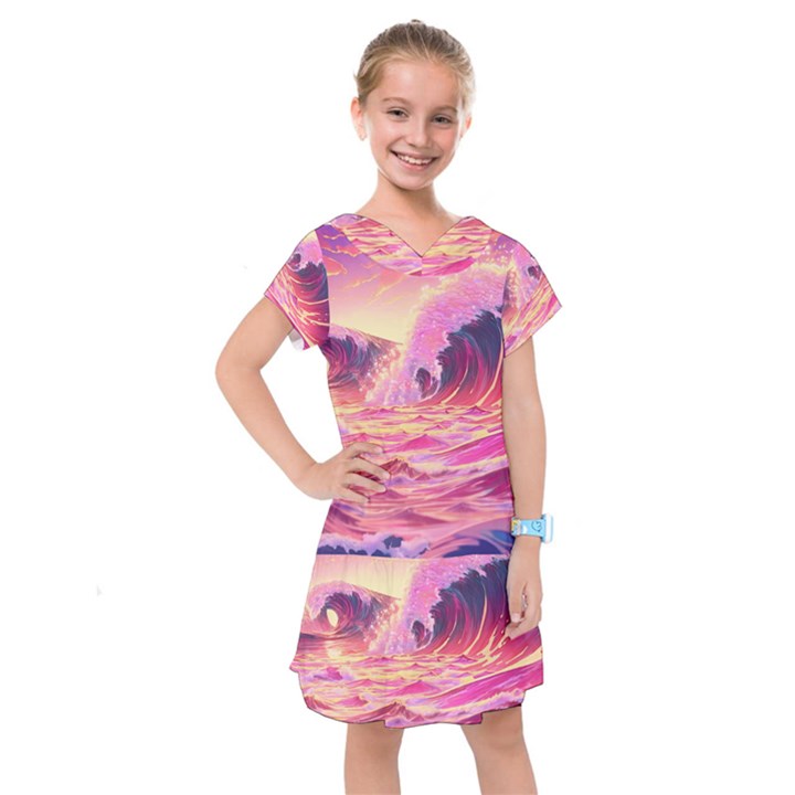 Waves Ocean Sea Tsunami Nautical 5 Kids  Drop Waist Dress