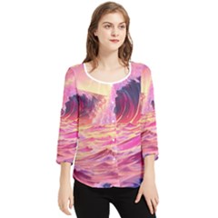 Waves Ocean Sea Tsunami Nautical 5 Chiffon Quarter Sleeve Blouse