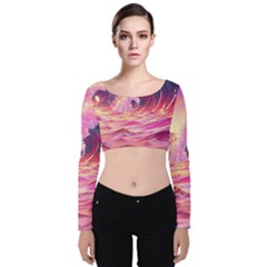 Waves Ocean Sea Tsunami Nautical 5 Velvet Long Sleeve Crop Top by Jancukart