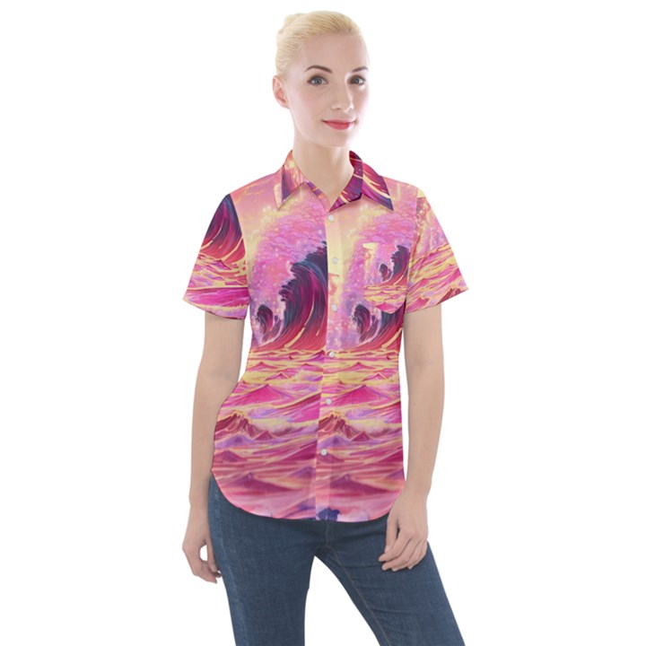 Waves Ocean Sea Tsunami Nautical 5 Women s Short Sleeve Pocket Shirt