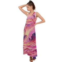 Waves Ocean Sea Tsunami Nautical 5 V-neck Chiffon Maxi Dress by Jancukart