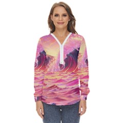 Waves Ocean Sea Tsunami Nautical 5 Zip Up Long Sleeve Blouse