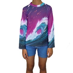 Tsunami Waves Ocean Sea Nautical Nature Water Unique Kids  Long Sleeve Swimwear