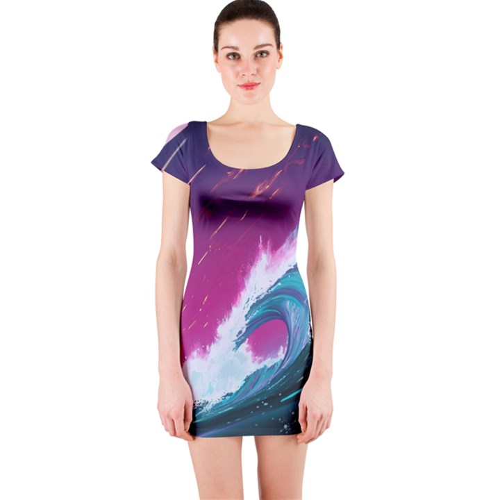 Tsunami Waves Ocean Sea Nautical Nature Water Unique Short Sleeve Bodycon Dress