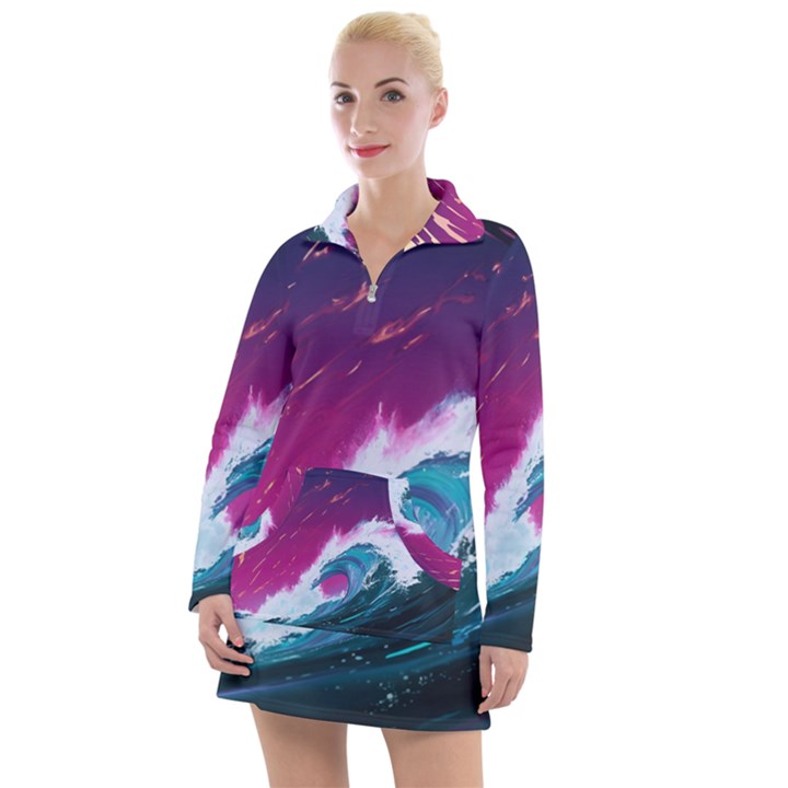 Tsunami Waves Ocean Sea Nautical Nature Water Unique Women s Long Sleeve Casual Dress