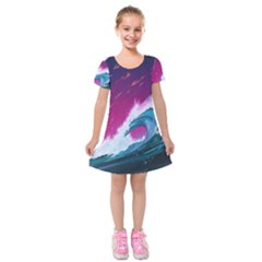 Tsunami Waves Ocean Sea Nautical Nature Water Unique Kids  Short Sleeve Velvet Dress