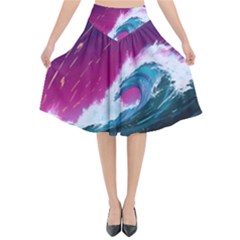 Tsunami Waves Ocean Sea Nautical Nature Water Unique Flared Midi Skirt