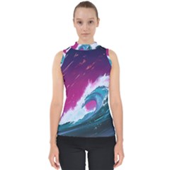 Tsunami Waves Ocean Sea Nautical Nature Water Unique Mock Neck Shell Top