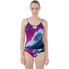 Tsunami Waves Ocean Sea Nautical Nature Water Unique Cut Out Top Tankini Set by Jancukart