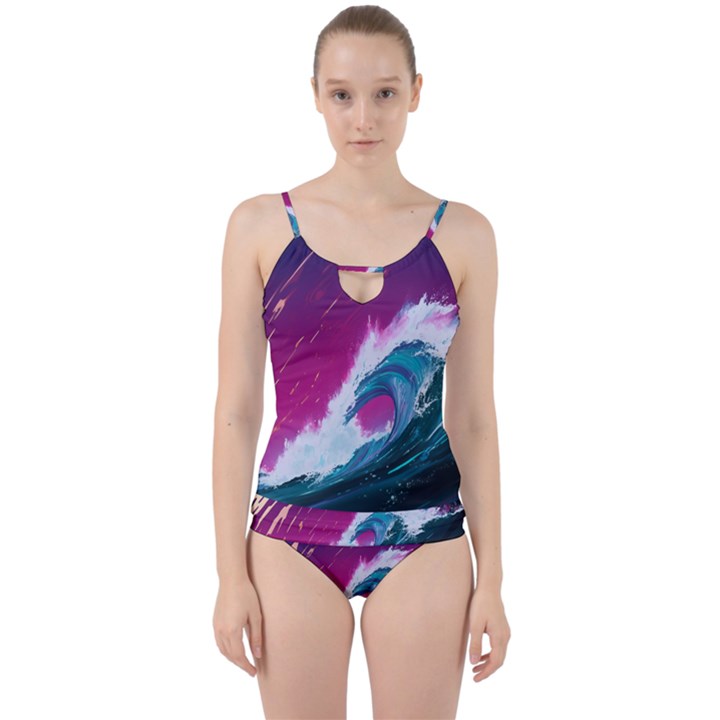 Tsunami Waves Ocean Sea Nautical Nature Water Unique Cut Out Top Tankini Set