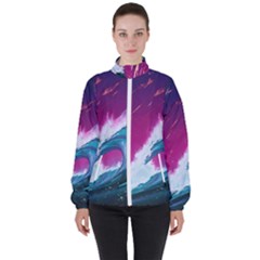 Tsunami Waves Ocean Sea Nautical Nature Water Unique Women s High Neck Windbreaker