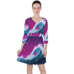 Tsunami Waves Ocean Sea Nautical Nature Water Unique Quarter Sleeve Ruffle Waist Dress