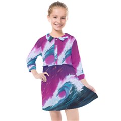 Tsunami Waves Ocean Sea Nautical Nature Water Unique Kids  Quarter Sleeve Shirt Dress by Jancukart