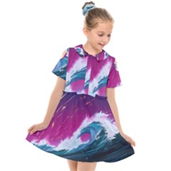 Tsunami Waves Ocean Sea Nautical Nature Water Unique Kids  Short Sleeve Shirt Dress by Jancukart