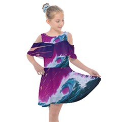 Tsunami Waves Ocean Sea Nautical Nature Water Unique Kids  Shoulder Cutout Chiffon Dress by Jancukart