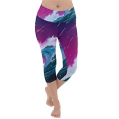 Tsunami Waves Ocean Sea Nautical Nature Water Unique Lightweight Velour Capri Yoga Leggings by Jancukart